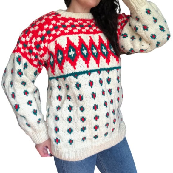 Vtg Hand Knit Christmas Nordic Southwestern Aztec Fisherman Grandpa Wool Sweater - Picture 9 of 13